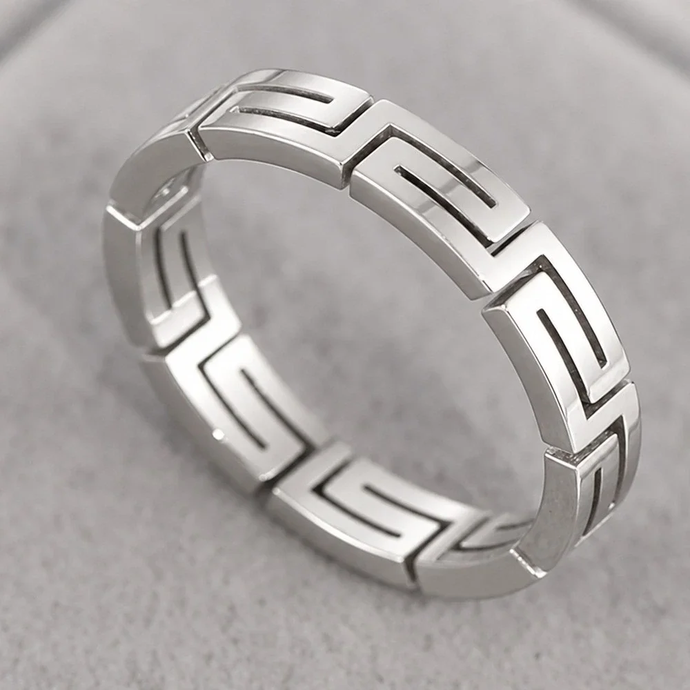 Silver Titanium Steel Greek Key Meander Band Ring Geometric Maze Design Size 10